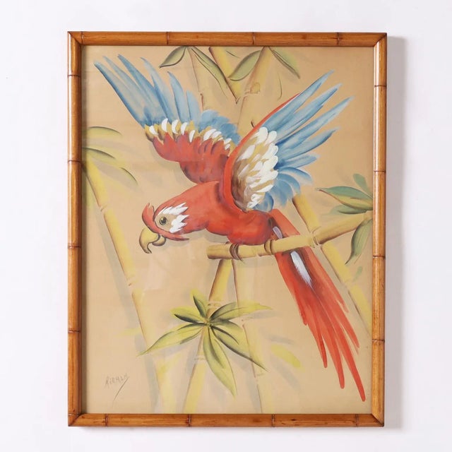 Tan Mixed Media Painting of a Parrot in a Faux Bamboo Frame For Sale - Image 8 of 8