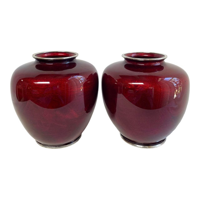 Mid Century Pair of Japanese Cloisonné Vases For Sale