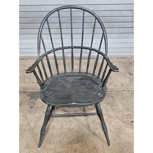 Green Sack Back Windsor Arm Chair Distressed Finish Bench Made For Sale - Image 4 of 8