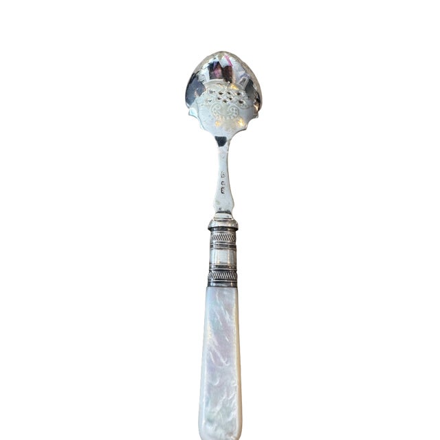 Antique John Round Mother of Pearl/Sheffield SilverPlate Preserve Spoon. 6.5" Long. For Sale - Image 4 of 5