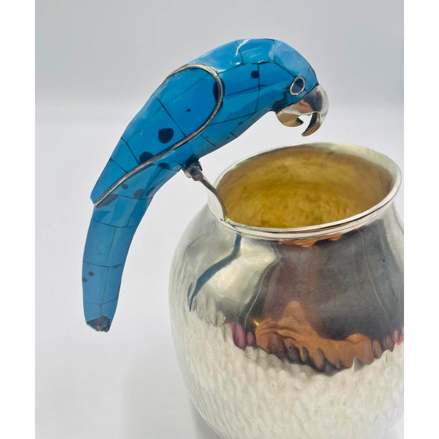 1960s Los Fajardo Silver-Plated Pitcher With Blue Stone Inlaid Parrot Handle, Mexico For Sale - Image 15 of 17
