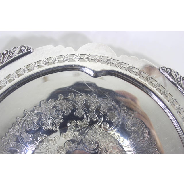 Vintage 9.75” Silver Tray With Shell Detail Corners, Round Silver Plated Dish With Pierced Cutout and Tulip Design For Sale - Image 6 of 8
