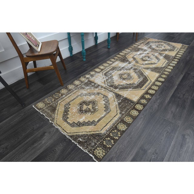 1970s 1970s Vintage Turkish Handmade Wool Cotton Brown Runner Rug For Sale - Image 5 of 11