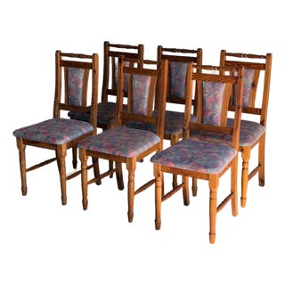 Solid Pine High-Back Upholstered Dining Chairs Set of 6 Vintage 1980s For Sale