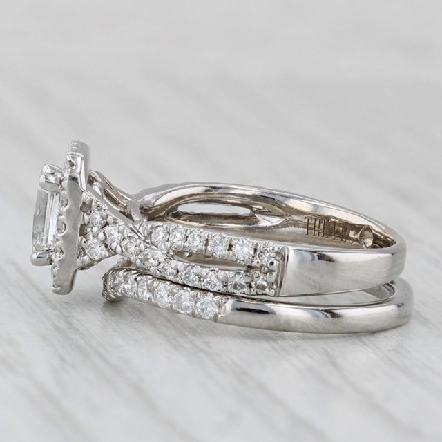Contemporary 1.20ctw Leo Diamond Halo Engagement Ring Contoured Wedding Band 14k White Gold, Size 6 For Sale - Image 3 of 10