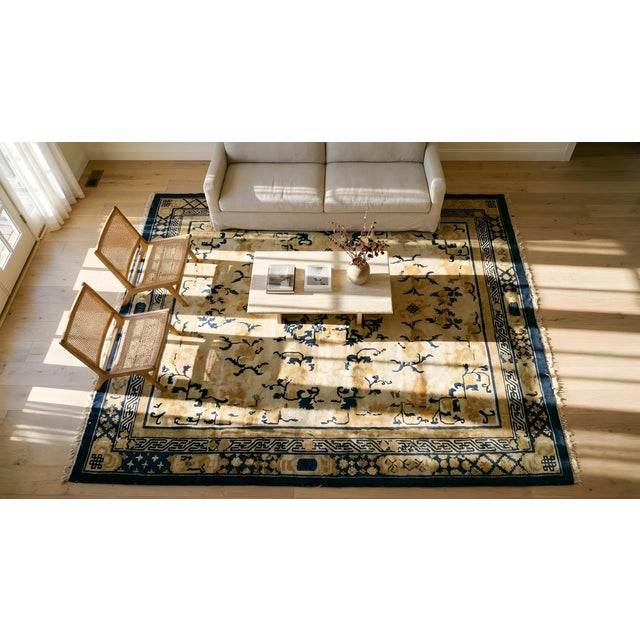 Stupendous Ivory Background Color and Navy Border Antique Chinese Baodou Rug For Sale - Image 9 of 11
