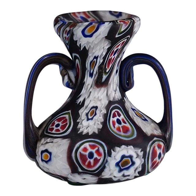 Antique Millefiori Vase in Violet and White With Handles, Fratelli Toso Murano Ca. 1900s For Sale