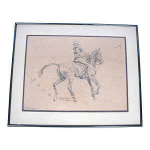 Mid 20th Century Polo Player Pencil Sketch by Fairfield Coogan, Framed