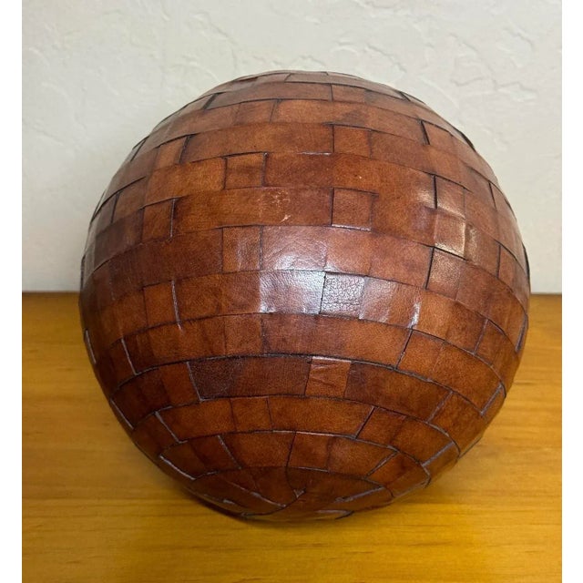 Brown Vintage Large Basket Weave Leather Clad Wood Decorative Ball Sphere Orb For Sale - Image 8 of 12