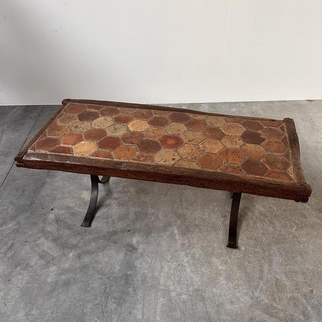 Vintage French Terracotta Tile Coffee Table with Oak and Iron Base, France For Sale - Image 12 of 12