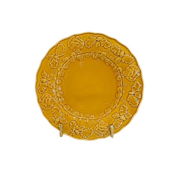 Vintage Bordallo Pinheiro Turkey Yellow Majolica Charger – Portuguese Harvest Plate For Sale - Image 6 of 6