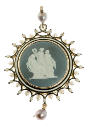 Porcelain Cameo, Enamel, and Natural Pearl Pendant
