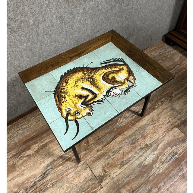 Vintage ceramic coffee table with bull motif, circa 1960 oak frame metal legs H 53 x W 71 x D 56 cm