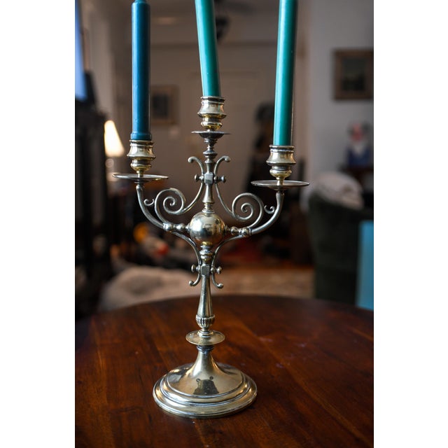 Victorian Brass 3-Armed Candelabra Victorian Brass Candleholder Birmingham, England For Sale - Image 3 of 15