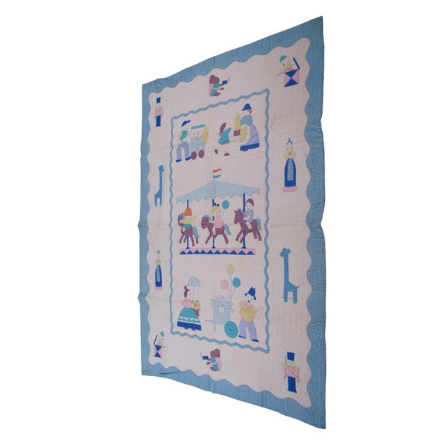 Shabby Chic 1960s Vintage Merry Go Round Crib Quilt Applique Cotton Childrens Toddler For Sale - Image 3 of 11