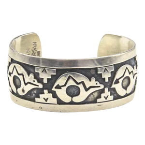 Navajo Native American Bear Overlay Sterling Silver Cuff Bracelet by Calvin Peterson