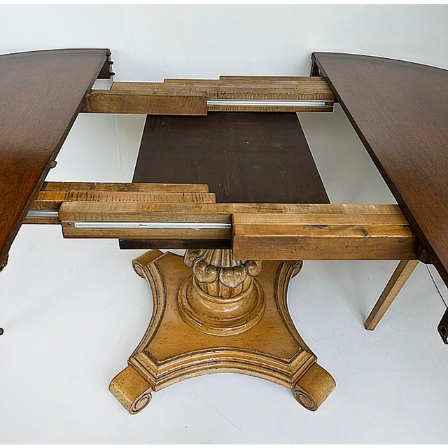 Brown Carved Pedestal Dining Table, Extends Round to Oval With Two Leaves For Sale - Image 8 of 12