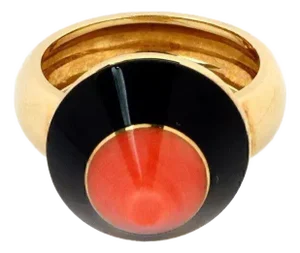 Coral & Onyx 18k Yellow Gold Pointed Top Ring, Size 5