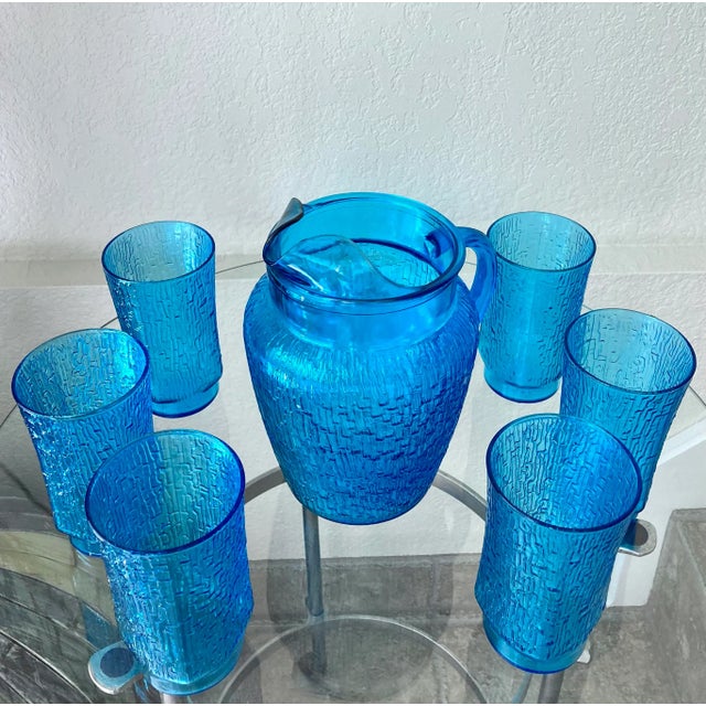 Circa 1973 “Pagoda” Laser Blue 7-Piece Beverage Set by Anchor Hocking For Sale - Image 12 of 13