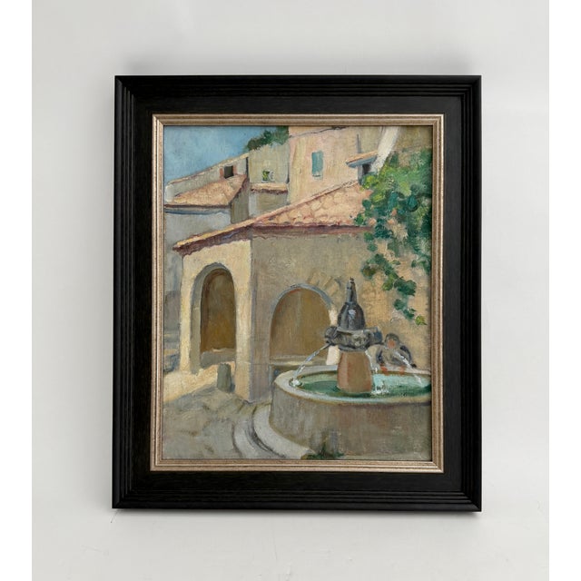 Charming French oil on canvas featuring a fountain in a town setting. A piece of original art that has survived over 100...