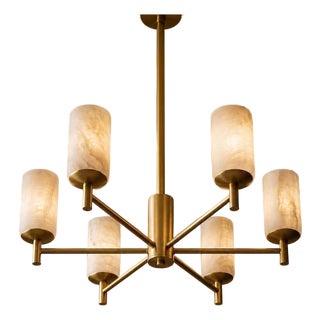 6 Light Alabaster Chandelier, Modern Brass Chandelier, Natural Stone Ceiling Light, Luxury Mid Century Dining Room Lighting For Sale