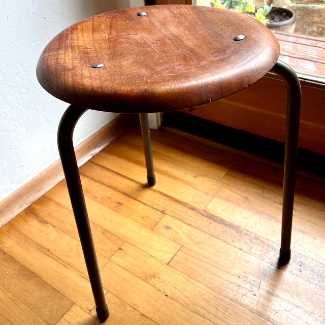 Wood 1950s Stalmobler Mid Century Danish 3 Leg Dot Stools Pair Steel Teak MCM For Sale - Image 7 of 18