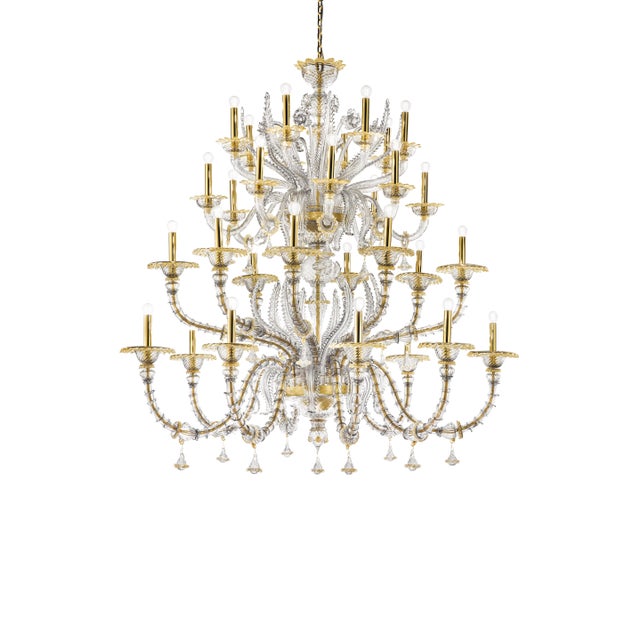 Glass Huge Transparent and Gold Ca’ Rezzonico With Leaves Murano Glass Chandelier For Sale - Image 7 of 7