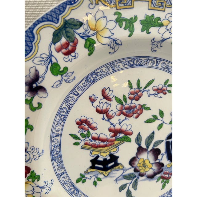 Chinoiserie Early 20th Century Minton “Poonah” Dinner Plate With Chinoiserie Mahogany Stand For Sale - Image 3 of 8