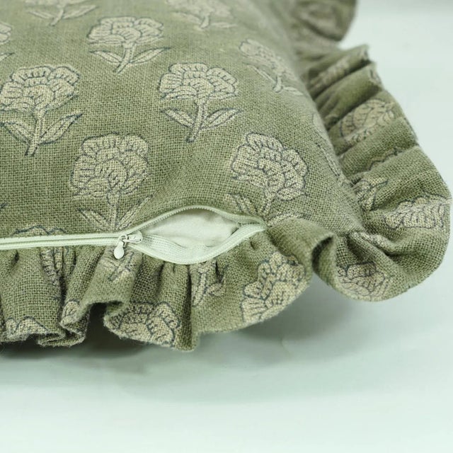 Fabdivine Ethnic Block Print Frill Cushion Cover Green 22x22 Inch Thick Linen- Rohini For Sale - Image 4 of 5