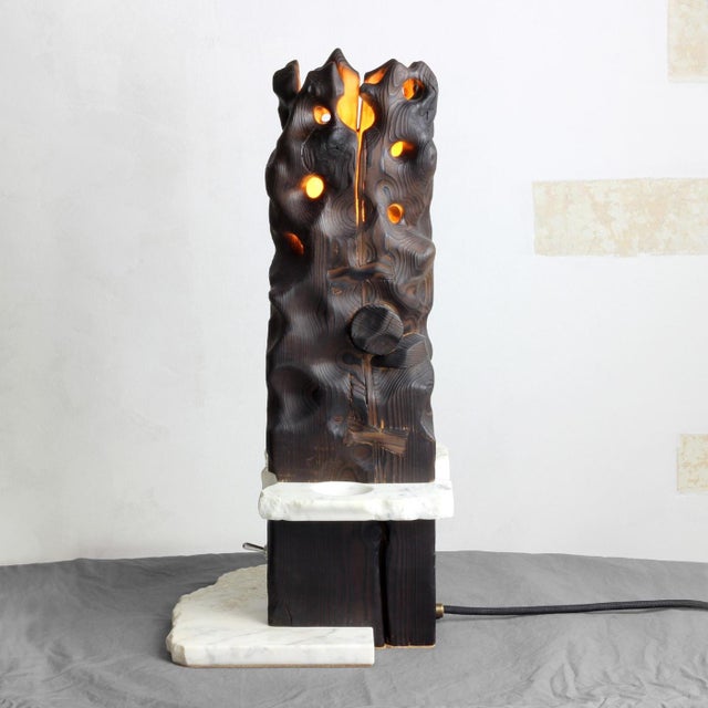 White Reclaimed Yakisugi Wood Table Lamp - Volcano Lamp | Melting Series by Gabor Gobi For Sale - Image 8 of 10