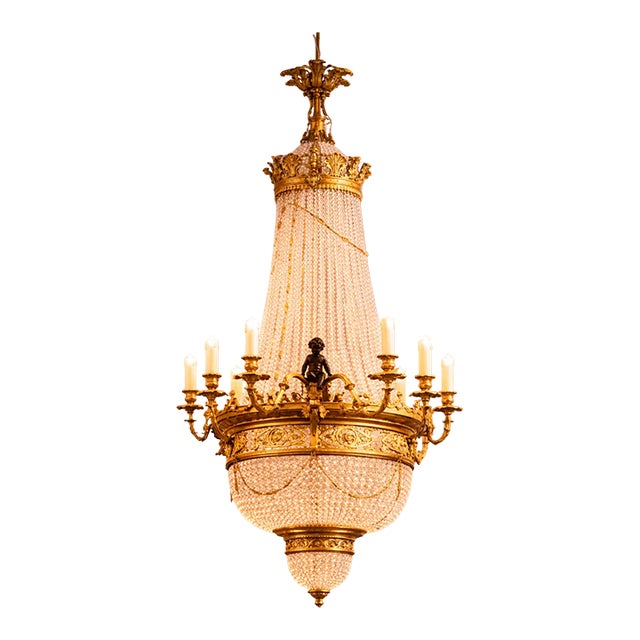 Vintage French Louis XVI Gold Bronze Crystal Chandelier For Sale
