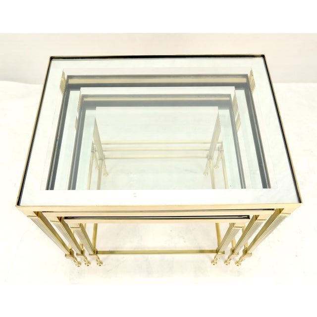 Fine Polished Brass Glass Mirrored Frames Tops Nesting Side Tables Stands Redone For Sale - Image 10 of 16