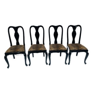 1970s Hollywood Regency Black Lacquer Safari Tiger Brocade Chairs - Set of 4 For Sale