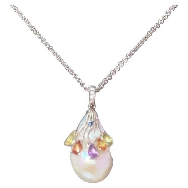 Diamond Sapphire FW Pearl Necklace 14k Gold Italy Certified For Sale - Image 4 of 10