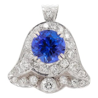 Antique Art Deco 14k White Gold, Tanzanite, & Diamond Bell Shaped Pendant/Brooch For Sale