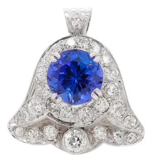Antique Art Deco 14k White Gold, Tanzanite, & Diamond Bell Shaped Pendant/Brooch