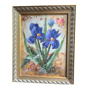 European School 20th Century Oil on Canvas Impressionist Floral Still Life Blue Irises and Butterfly Framed Signed