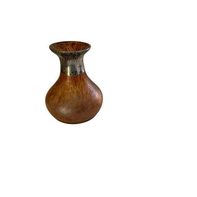 Art Nouveau Loetz Attributed / Style Antique Iridescent Amber Spatter Art Glass 5" Cabinet Vase Silver Overlay Rim Made in Austria 1900s For Sale - Image 3 of 5