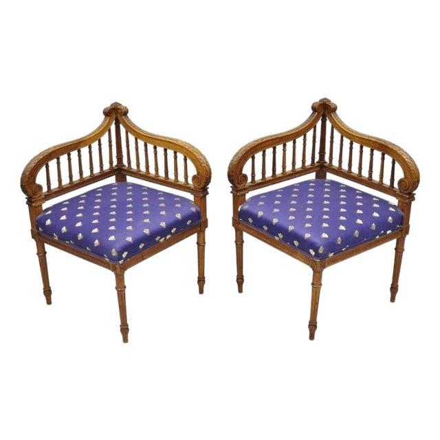 Antique French Louis XVI Style Carved Walnut Lyre Harp Corner Lounge Chair Pair For Sale