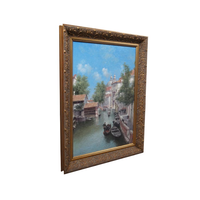 Vintage Russian Impressionist oil painting on canvas by Vasily Gribennikov. It features a river / canal view in Venice...