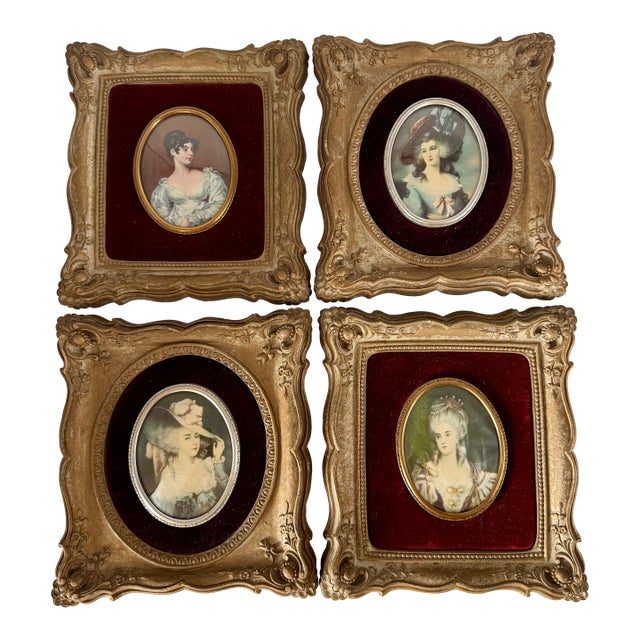 Vintage Cameo Creation Victorian Velvet Framed Lady Portraits - Set of 4 For Sale