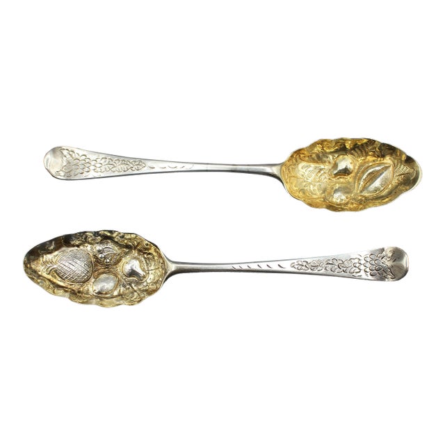 Circa 1727-1760 English George II Sterling Silver and Gold Wash Pair of Tablespoons For Sale