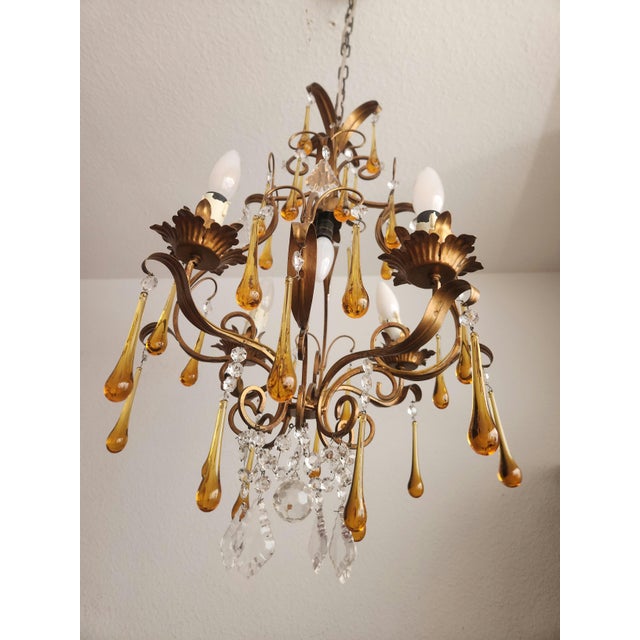 Floral Five-Light Gilded Ceiling Lamp with Crystals and Murano Glass Crystal Drops, 1960s For Sale - Image 12 of 18