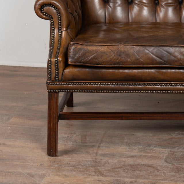 Brown Vintage Brown Leather Chesterfield Wingback Loveseat and Club Chair For Sale - Image 8 of 13