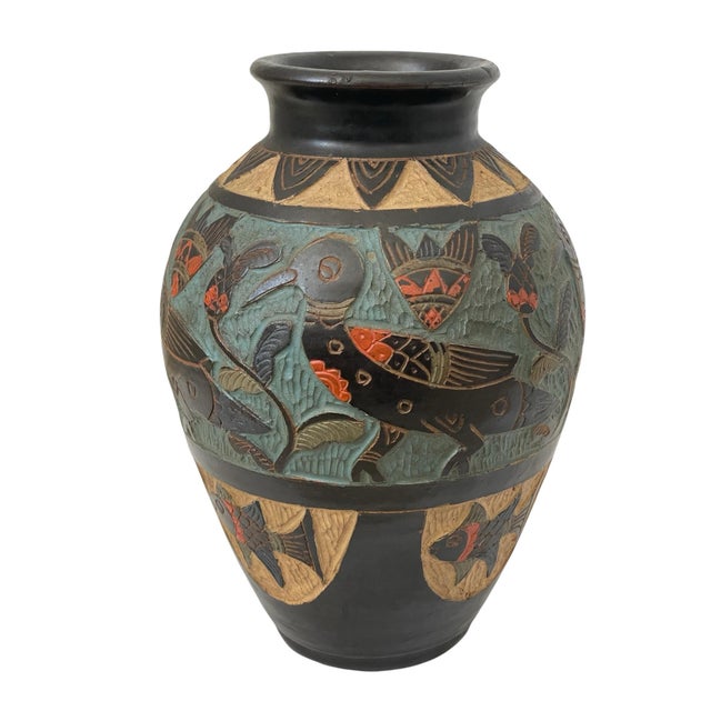 Japanese Vintage Okinawa Tsuboya Yaki Pottery Vase Etched Birds and Fish. 10” For Sale - Image 3 of 7
