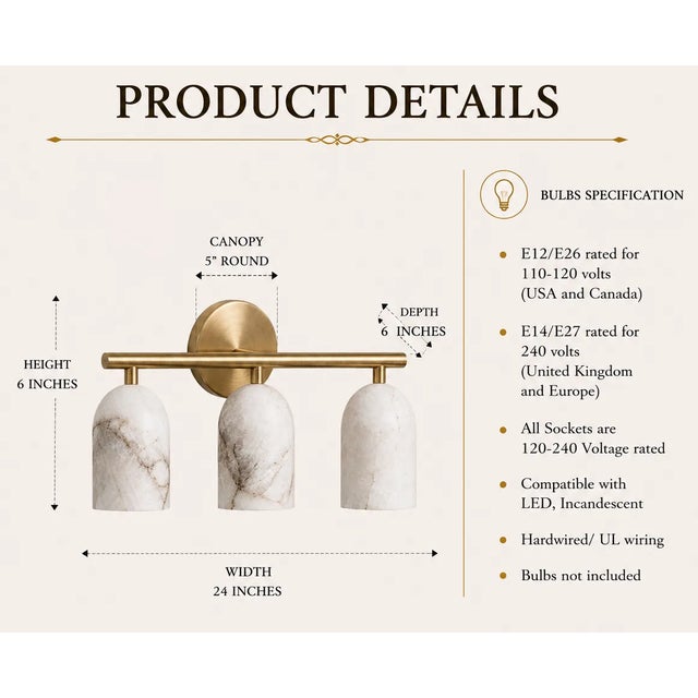 Alabaster Handcrafted Brass 3-Light Vanity Sconce With Natural Alabaster Shades, Luxury Bathroom Lighting For Sale - Image 8 of 9