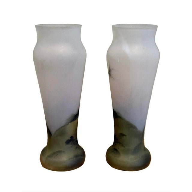 Green Pair of Early 20th Century Frosted Glass Vases With Hand-Painted Landscapes For Sale - Image 8 of 12