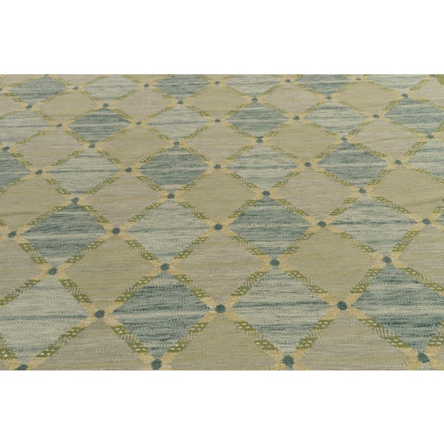 Rug & Kilim's Scandinavian Style Custom Kilim Rug in Blue and Green Trellises - 9'x12' For Sale In New York - Image 6 of 7