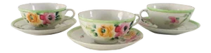 Antique Hand Painted Porcelain Floral Tea Cups & Saucers - Service for 3