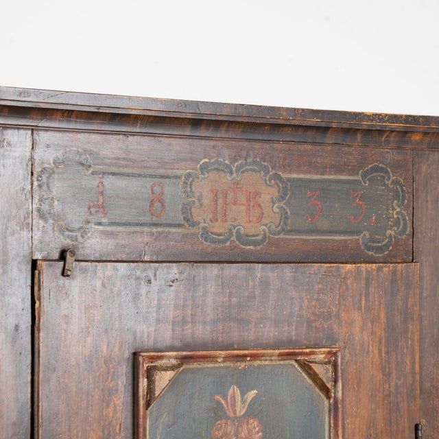 Early 19th Century 1833 Original Hand-Painted Pine One-Door Armoire For Sale - Image 5 of 15